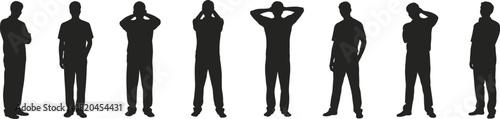 Silhouettes of men standing in different thoughtful poses, casual male figures expressing emotion and body language, isolated illustration for design projects