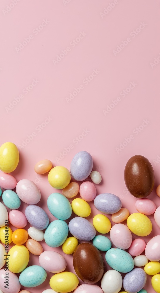 Obraz premium A festive arrangement of colorful pastel candies, chocolate eggs, and sweet jelly beans, perfect for celebrating the joyful spring holiday ,confection ,yummy ,jelly bean