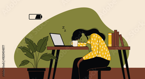 Illustration of exhausted woman sleeping at desk with low battery icon