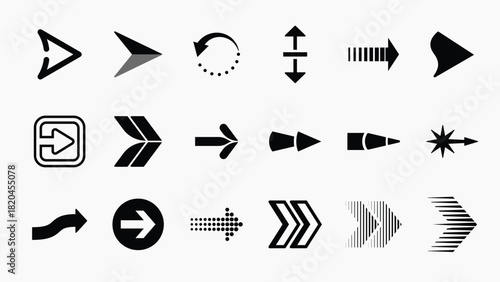 Collection of black arrow icons in various styles and directions for design projects needing directional symbols. Collection of black arrow icons and symbols. Various of simple black arrows icons