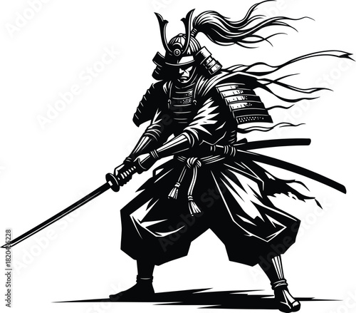 Japanese samurai warrior with katana sword in dynamic combat pose artwork
