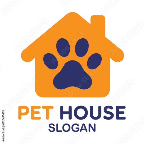 Modern pet house logo, vibrant orange house with blue paw icon