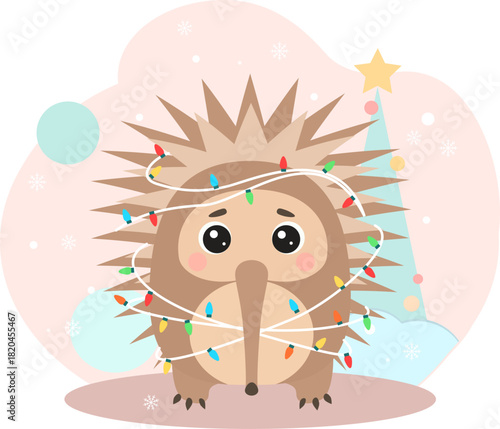 Australian echidna with Christmas lights. Xmas string lights with cute native australian animal greeting card. Australian holiday season Xmas background with adorable cartoon echidna.