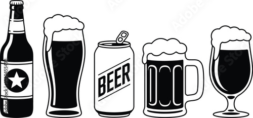 Collection of beer containers and glasses with foam illustrations