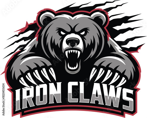 Aggressive grizzly bear mascot logo with powerful iron claws