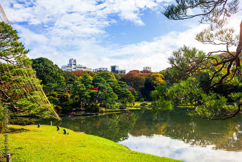 Canvas Print A calm pond in Rikugien Garden in Tokyo reflects the surrounding green and autumn-colored trees under a bright sky with city buildings visible in the background