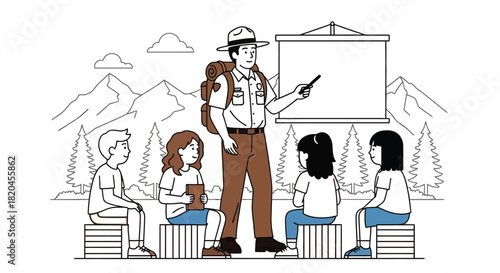 Ranger teaching kids about nature conservation in the mountains