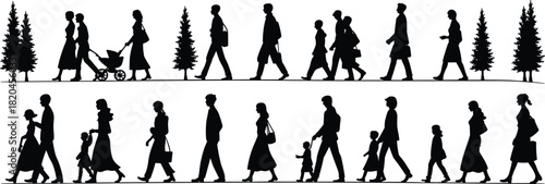 Silhouettes of people and families walking outdoors, diverse individuals, parents with children, trees and nature elements illustration for creative design projects
