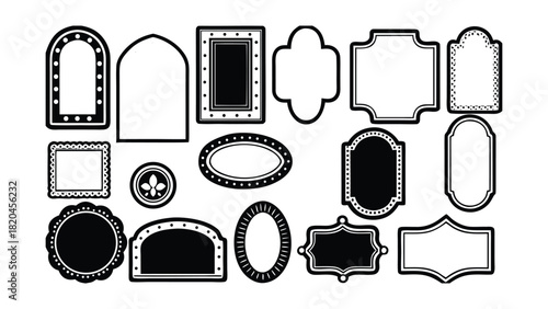 Assortment of Decorative Black Frames and Labels on White Background Keywords: frame, border, label, badge, emblem, decorative, ornate, graphic