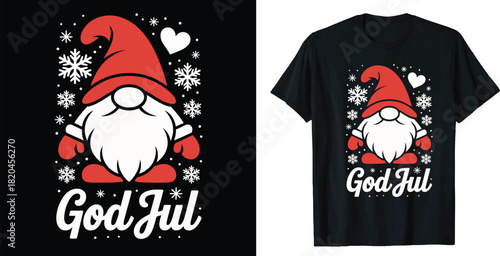 Cute christmas gnome illustration with god jul text on a black tshirt