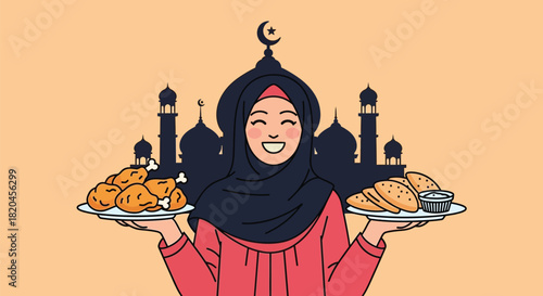Ramadan kareem iftar muslim woman with food illustration vector art