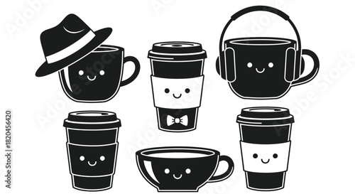 Cute coffee cups vector illustration kawaii coffee cup designs set