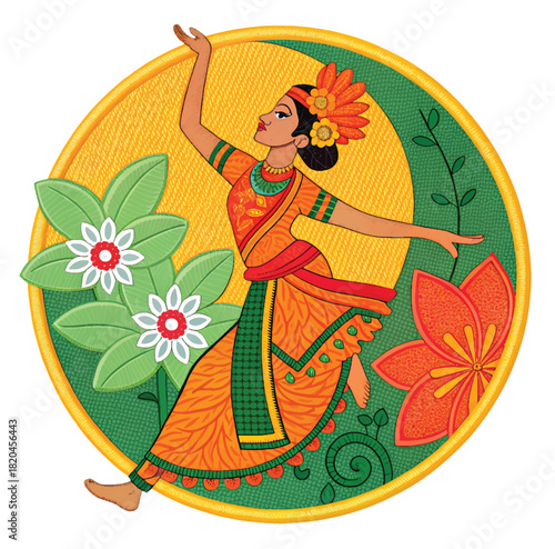 Captivating classical Indian dancer gracefully performing a traditional dance with vibrant flowers, bringing culture and artistry to life with elegant movement