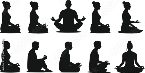 Silhouettes of people meditating in various yoga poses, mindfulness practice illustration for wellness design, calm relaxation concept for creative projects