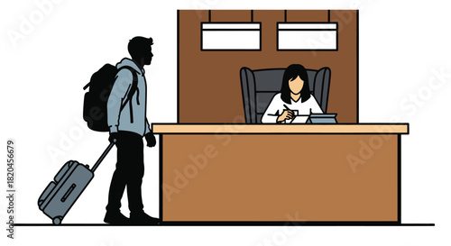 Hotel checkin travel tourism reception guest luggage backpack vector