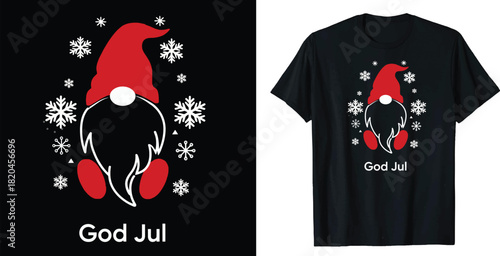Festive God Jul gnome shirt design with snowflakes for Christmas celebration and holiday cheer