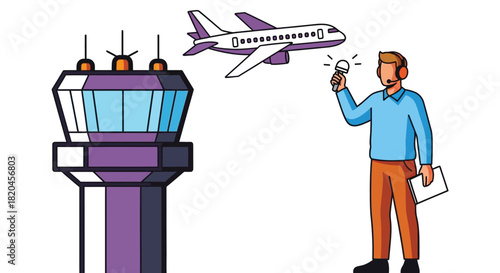 Airport control tower with airplane and announcer aviation travel news