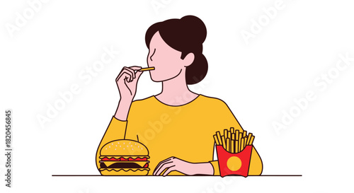 Woman eating burger and fries fast food unhealthy meal illustration