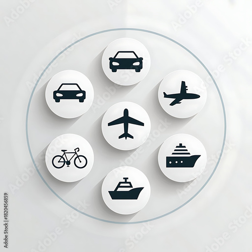 Collection of transportation icons arranged in a circle on a white background