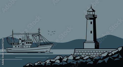 Fishing boat sailing near lighthouse vector illustration art work