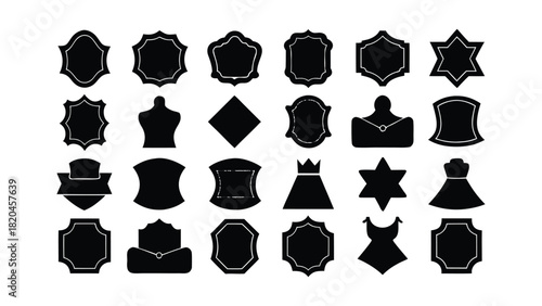 Assortment of unique black silhouette shapes and labels on white background Keywords: silhouette, shape, label, badge, emblem, icon, design