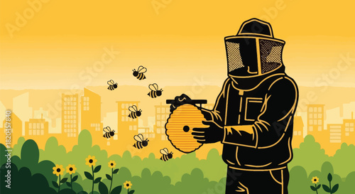 Beekeeping urban honey beekeeper city bees honeycomb vector illustration