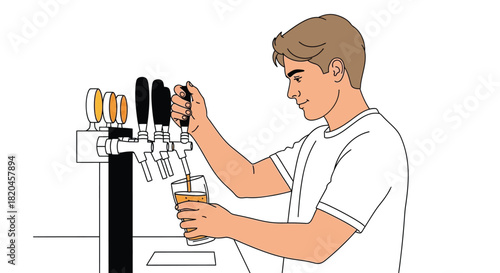 Illustration of bartender pouring beer from tap into glass artwork