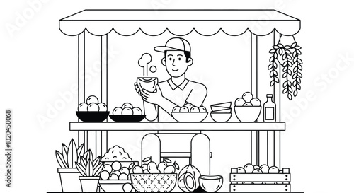 Illustration of fruit vendor selling fresh produce at market stall