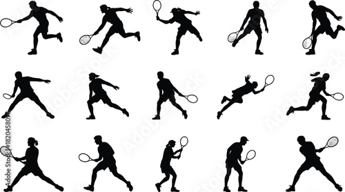 Silhouettes of tennis players performing dynamic strokes, serves, volleys, and footwork actions, competitive sport movement illustration for athletic creative design projects