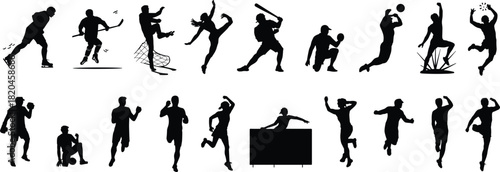 Sport silhouette collection, athletes in action, dynamic sports poses, running jumping dancing players, fitness movement icons, active athlete vector illustration