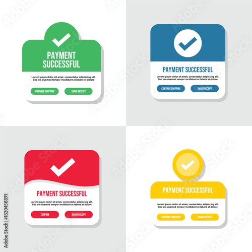 Modern “Payment Successful” notification UI set featuring checkmark icons, clean layout, bold typography, and multiple color variations for e-commerce confirmation screens
