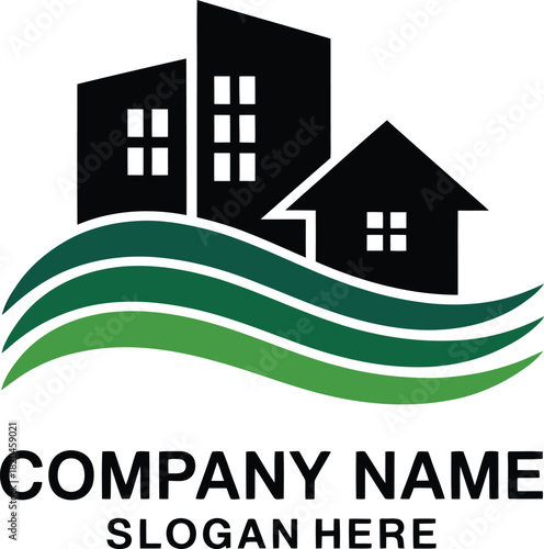 Modern real estate company logo with abstract residential house, apartment buildings, and office silhouettes over vibrant green waves.