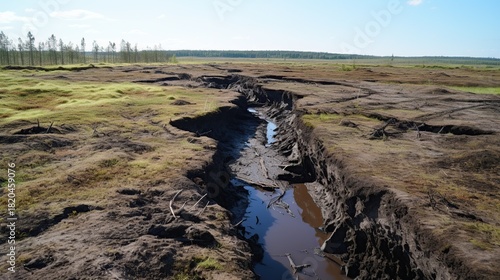 A deep, muddy trench carved through a desolate peatland landscape under a bright sky