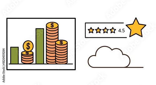 Financial growth chart with customer ratings and cloud technology
