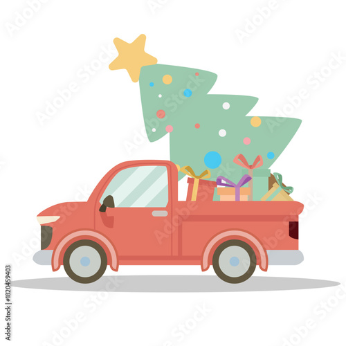 Object isolated on white background with shadow of pickup car with gifts on the rack. Car soft red color cartoon. Style for Christmas.