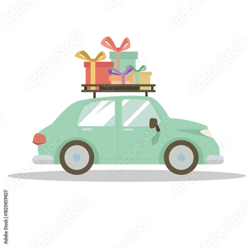 Object isolated on white background with shadow of sedan car with gifts on the rack. Car soft green color cartoon. Style for Christmas.