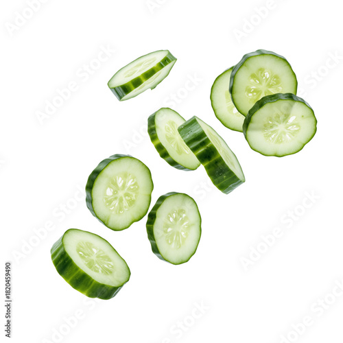 Floating cucumber slices with visible seeds and green skin, isolated on transparent background, emphasizing freshness and motion.