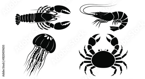 Elegant seafood silhouette collection featuring crab lobster and shrimp