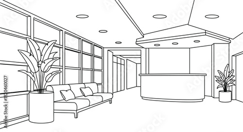 Modern office waiting area with stylish furniture and plants inside room
