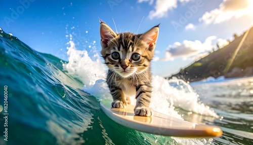 Fototapeta Naklejka Na Ścianę i Meble -  A young kitten balances on a surfboard as a turquoise wave crashes behind it. Bright sunlight illuminates the playful scene, contrasting against the water