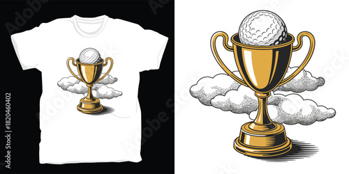 Golden golf trophy with ball and clouds on a white tshirt