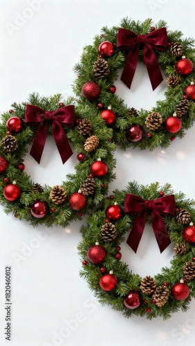Three Christmas wreaths adorned with red ornaments, pinecones, and burgundy bows arranged on a white background
