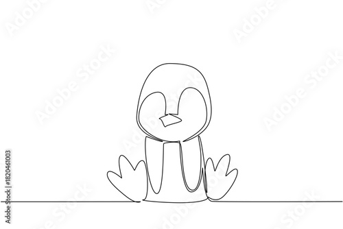 Single line drawing of a cute baby penguin sitting with tiny beak and flippers, a wildlife concept for cute wild animals cartoon sitting, ideal for nursery posters, stickers, and winter kids branding