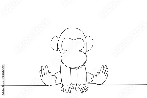 Single line draw of cute baby chimpanzee sitting with round ears and gentle hands, a wildlife concept for cute wild animals cartoon sitting, ideal for nursery posters, stickers, and playful kids brand