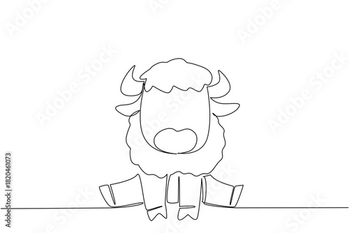 Single line drawing of cute baby bison sitting with fluffy head and small horns, a nature concept for cute wild animals cartoon sitting, ideal for nursery posters, stickers, and playful kids branding