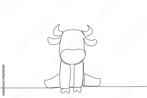 Single line drawing of cute baby buffalo sitting with fluffy head and small horns, a nature concept for cute wild animals cartoon sitting, ideal for nursery posters, stickers, and cheerful kids brand