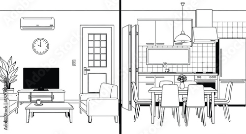 Cozy cartoon home interior design showcasing living room and kitchen