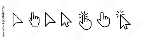 Cursor mouse collection vector set featuring various pointer icons, clicks, arrows, and interaction symbols for UI design, app mockups, web interfaces, and digital projects.