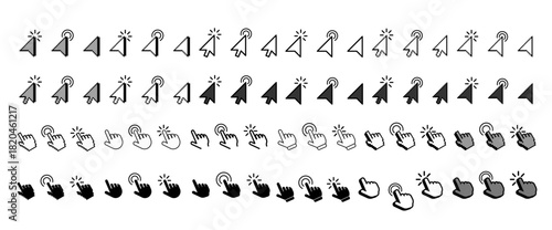 Cursor mouse collection vector set featuring various pointer icons, clicks, arrows, and interaction symbols for UI design, app mockups, web interfaces, and digital projects.