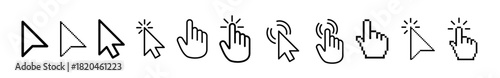 Cursor mouse collection vector set featuring various pointer icons, clicks, arrows, and interaction symbols for UI design, app mockups, web interfaces, and digital projects.